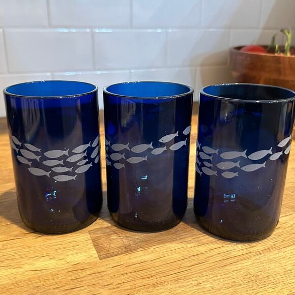Upcycled Cobalt Blue Wine Bottle Tumbler Glass Set of 3 fish - Picture 1 of 8